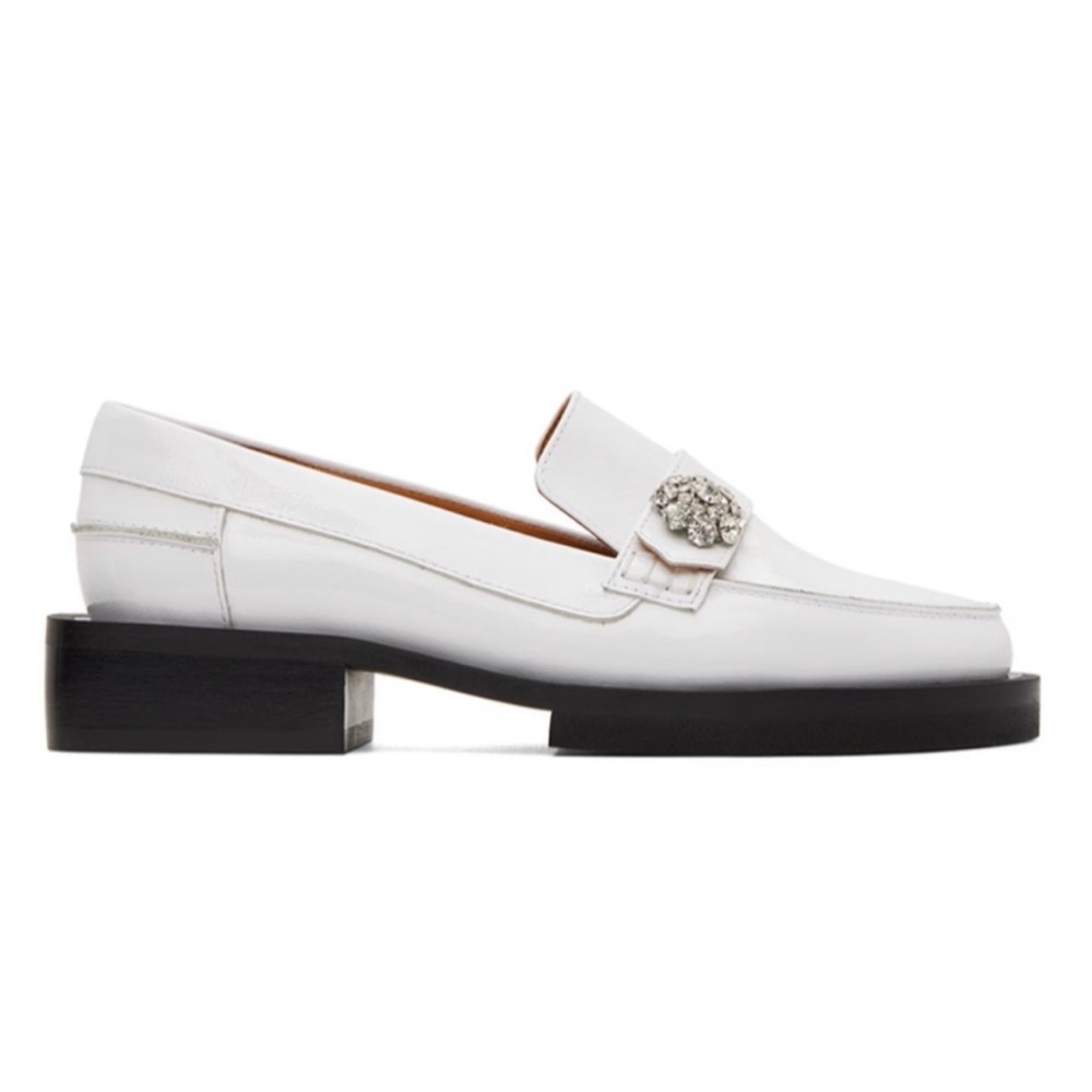 GANNI Jewel Buckle Patent Leather Loafers in Egret Size 40